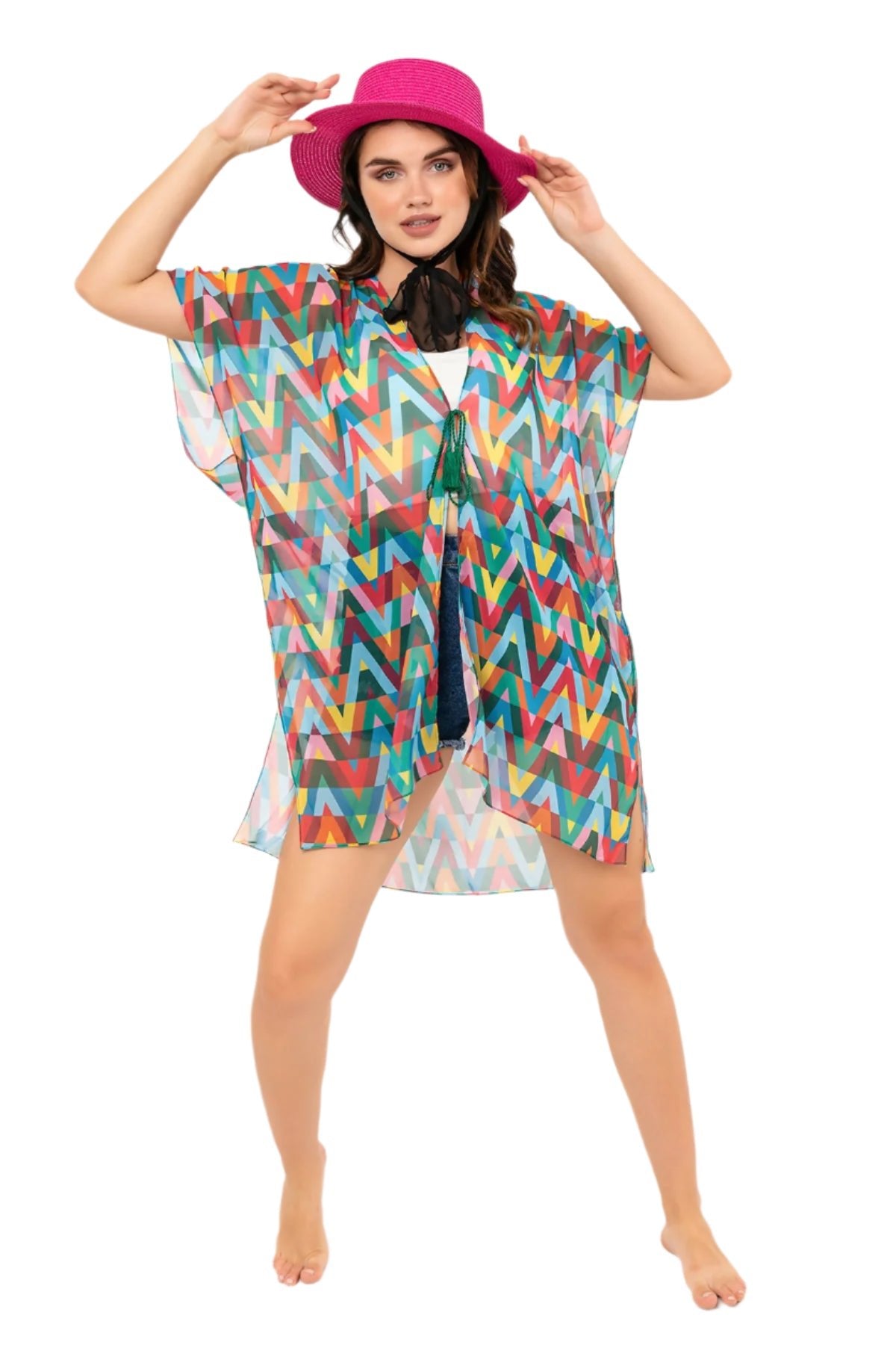 Women's Colorful Zigzag Pattern Beach Wear, Swimwear Sheer Cover-Up - Wear Sierra