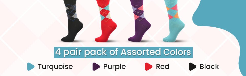 Women's Combed Cotton Crew Socks, Colorful Argyle Design, Choose 1 Pair Pack or 4 Pair Packs - Wear Sierra