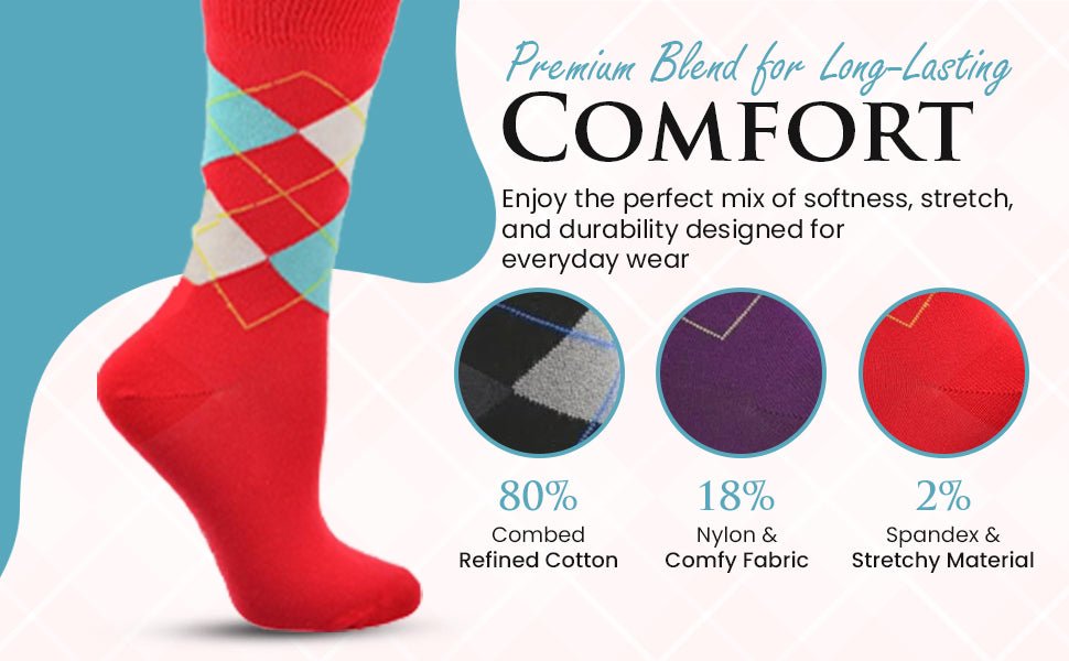 Women's Combed Cotton Crew Socks, Colorful Argyle Design, Choose 1 Pair Pack or 4 Pair Packs - Wear Sierra
