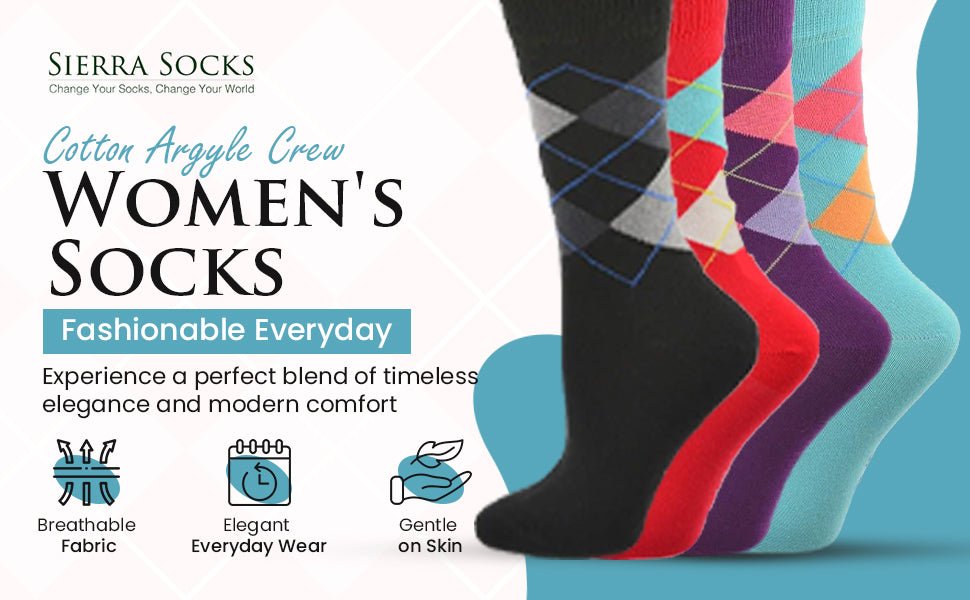 Women's Combed Cotton Crew Socks, Colorful Argyle Design, Choose 1 Pair Pack or 4 Pair Packs - Wear Sierra