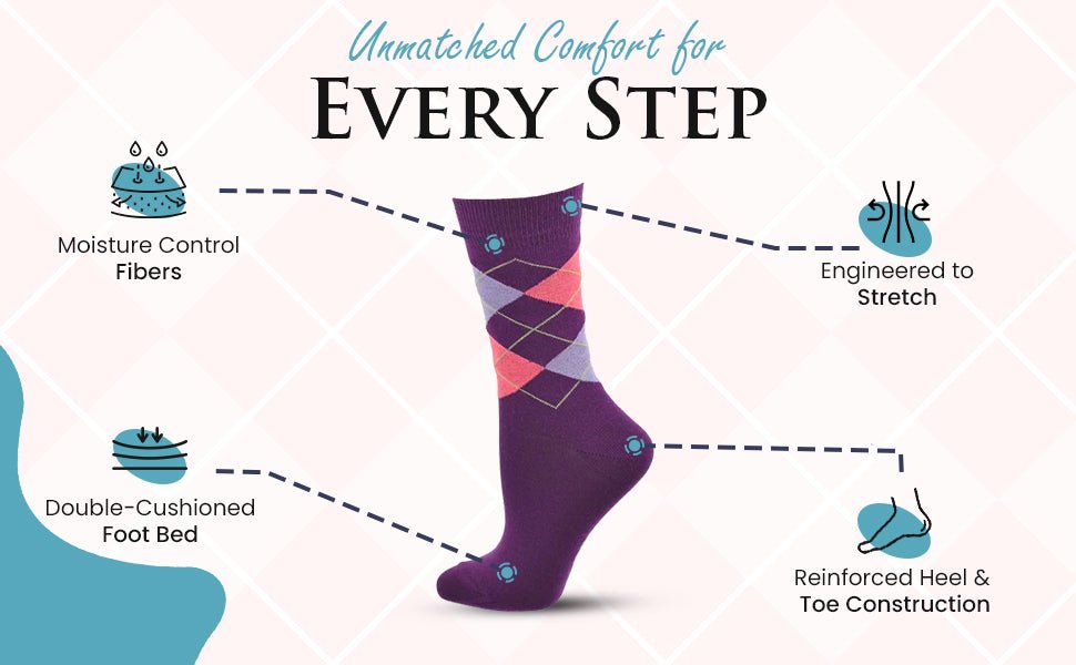 Women's Combed Cotton Crew Socks, Colorful Argyle Design, Choose 1 Pair Pack or 4 Pair Packs - Wear Sierra