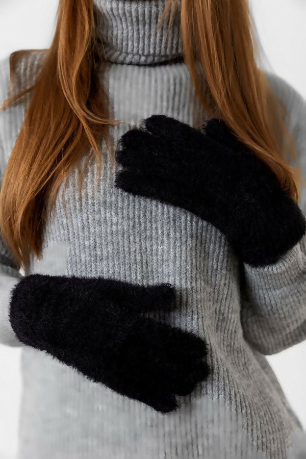 Women's Fuzzy Black Winter Gloves, Furry-Lined Fluffy Gloves-For Her - Wear Sierra