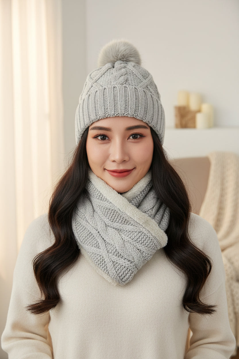 Women's Fuzzy Fur Lined Beanie Pompom Hat and Infinity Scarf Set - Wear Sierra