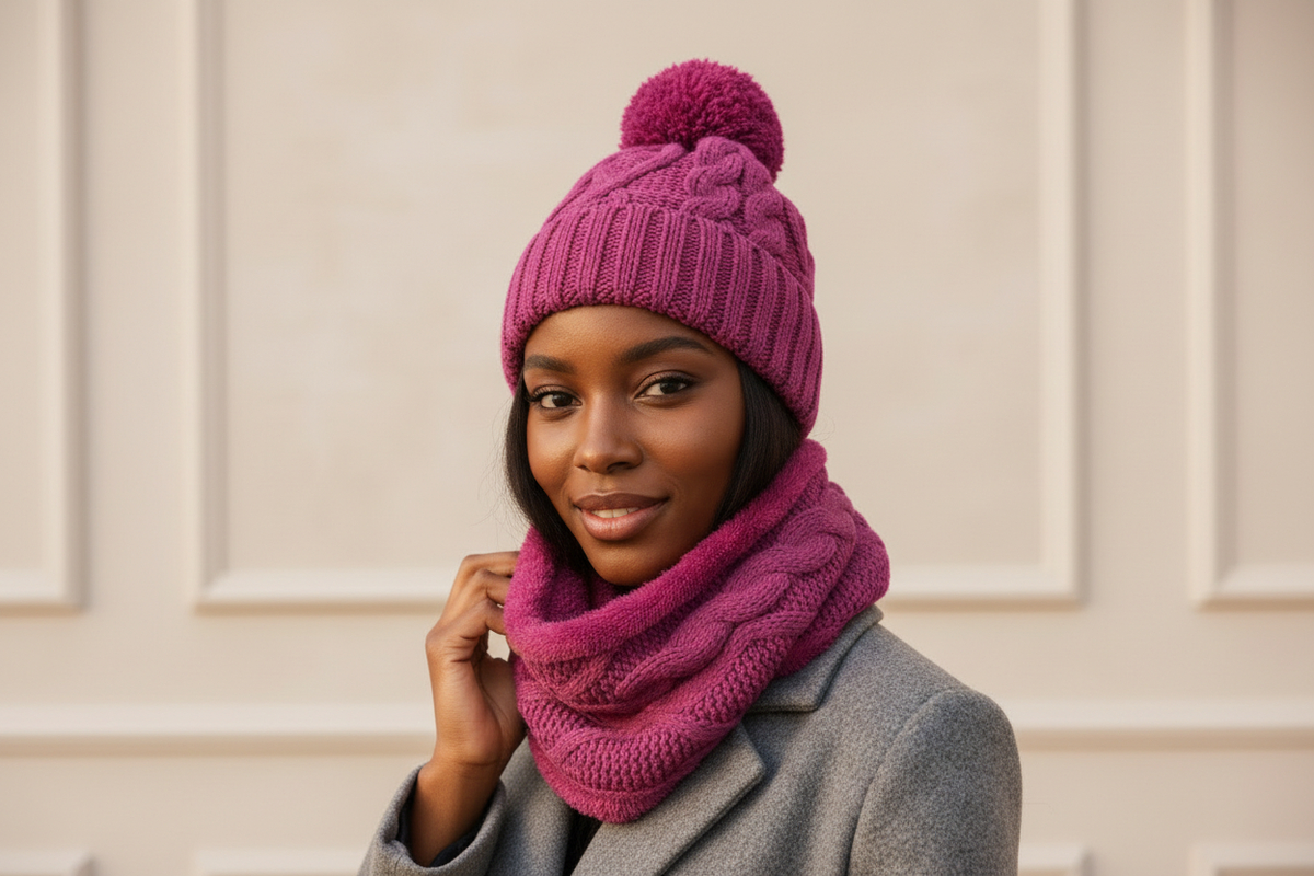 Women’s Cable Knit Hat & Infinity Scarf Set – Fuzzy Lined Winter Accessories