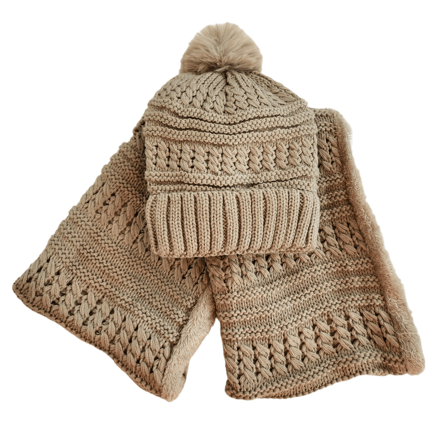 Women's Fuzzy Fur Lined Beanie Pompom Hat and Infinity Scarf Set - Wear Sierra