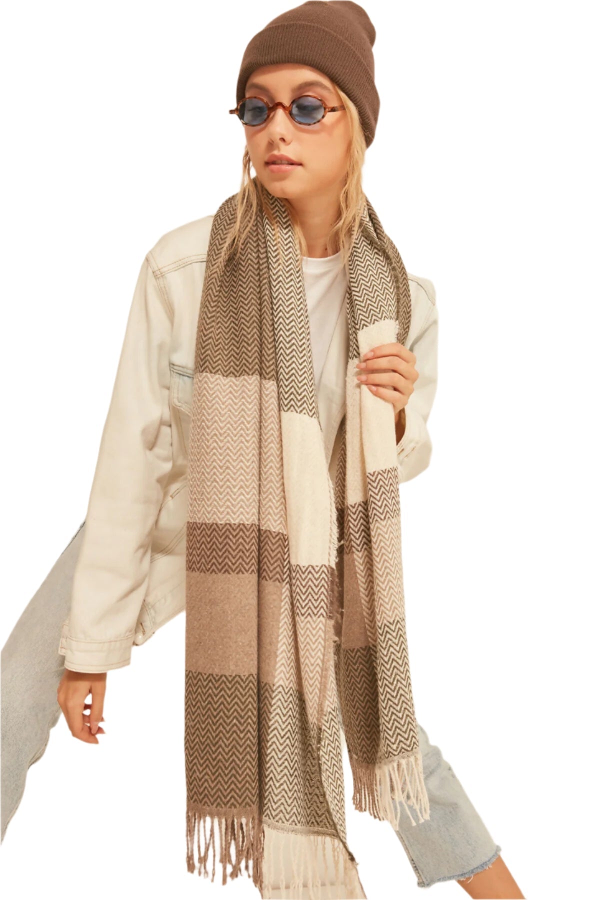 Women's Herringbone Patterned Scarf - Thick Shoulder Shawl, Perfect Winter Accessory - Wear Sierra