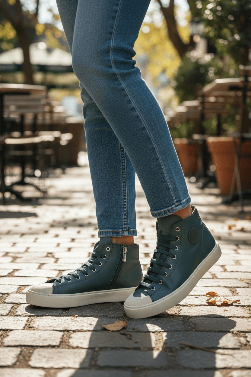 Women's Leather High Top Sneakers with Convenient Side Zipper (August Style) - Wear Sierra