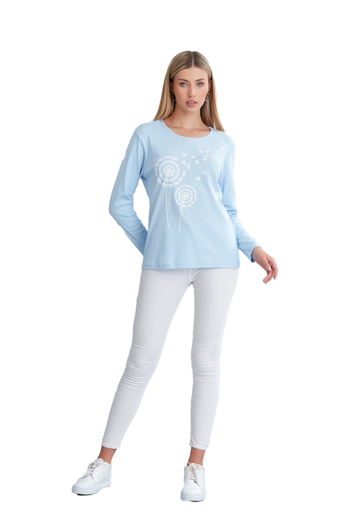 Women's Long Sleeve Scoop Neck Shirt in Dandelion Print, Soft Combed Cotton Comfort - Wear Sierra