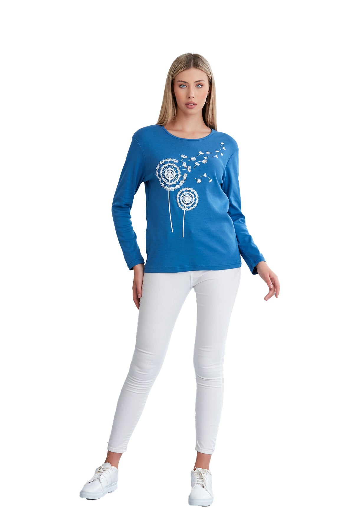 Women's Long Sleeve Scoop Neck Shirt in Dandelion Print, Soft Combed Cotton Comfort - Wear Sierra