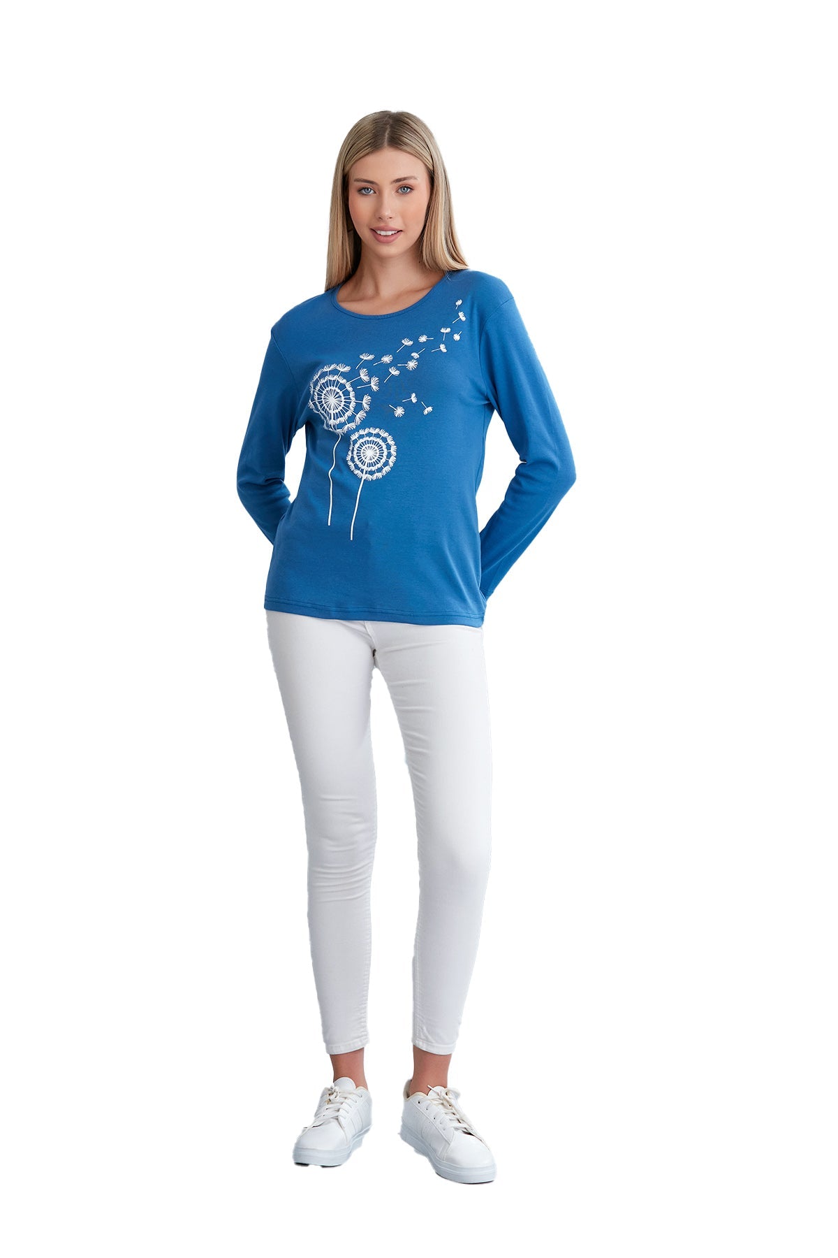 Women's Long Sleeve Scoop Neck Shirt in Dandelion Print, Soft Combed Cotton Comfort - Wear Sierra