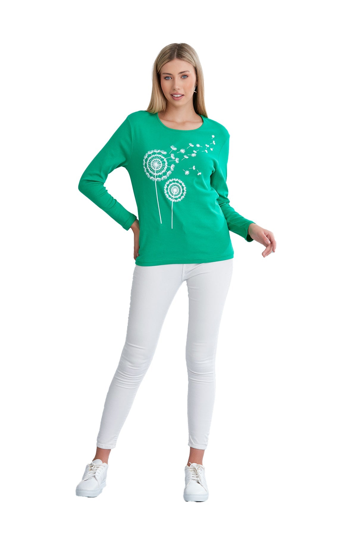 Women's Long Sleeve Scoop Neck Shirt in Dandelion Print, Soft Combed Cotton Comfort - Wear Sierra