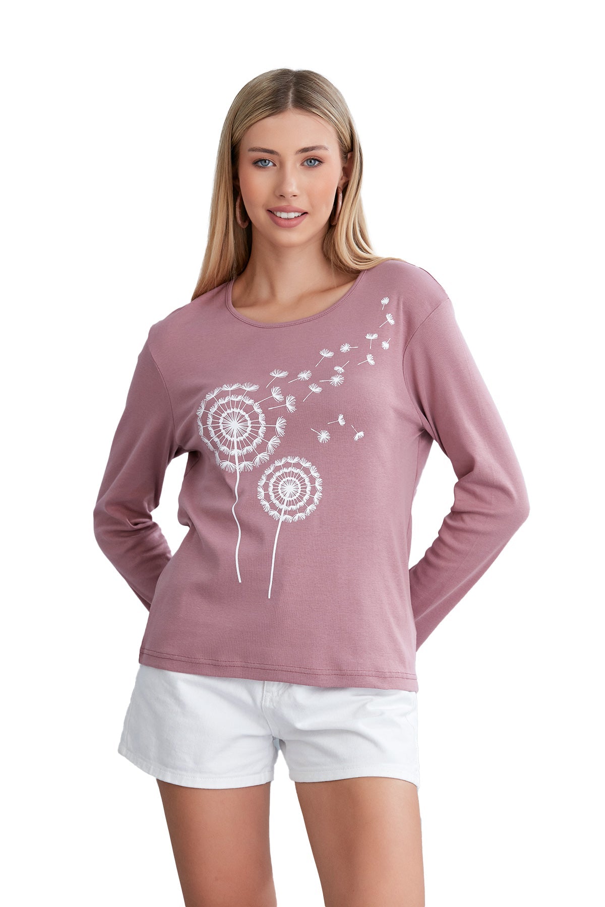 Women's Long Sleeve Scoop Neck Shirt in Dandelion Print, Soft Combed Cotton Comfort - Wear Sierra