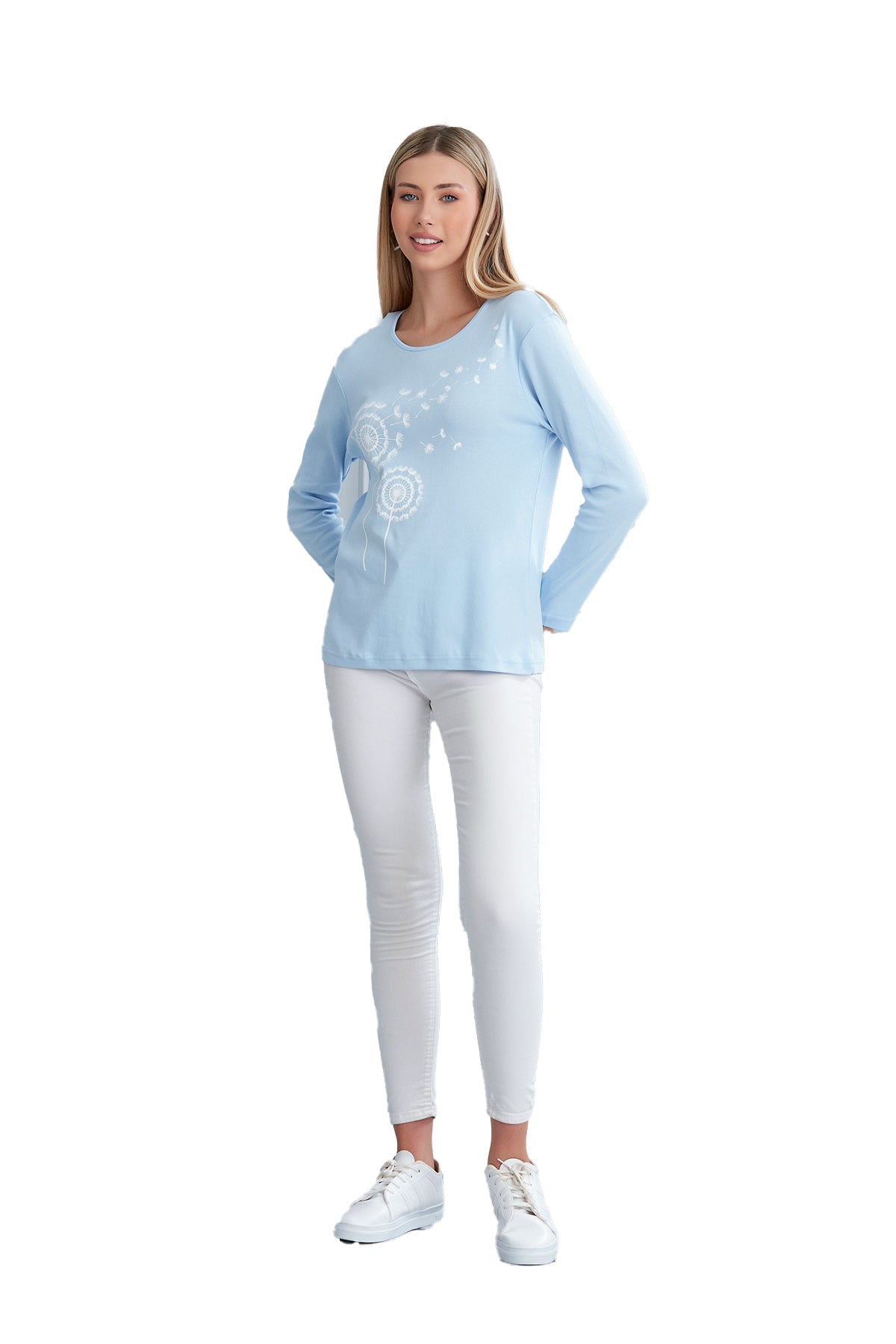 Women's Long Sleeve Scoop Neck Shirt in Dandelion Print, Soft Combed Cotton Comfort - Wear Sierra