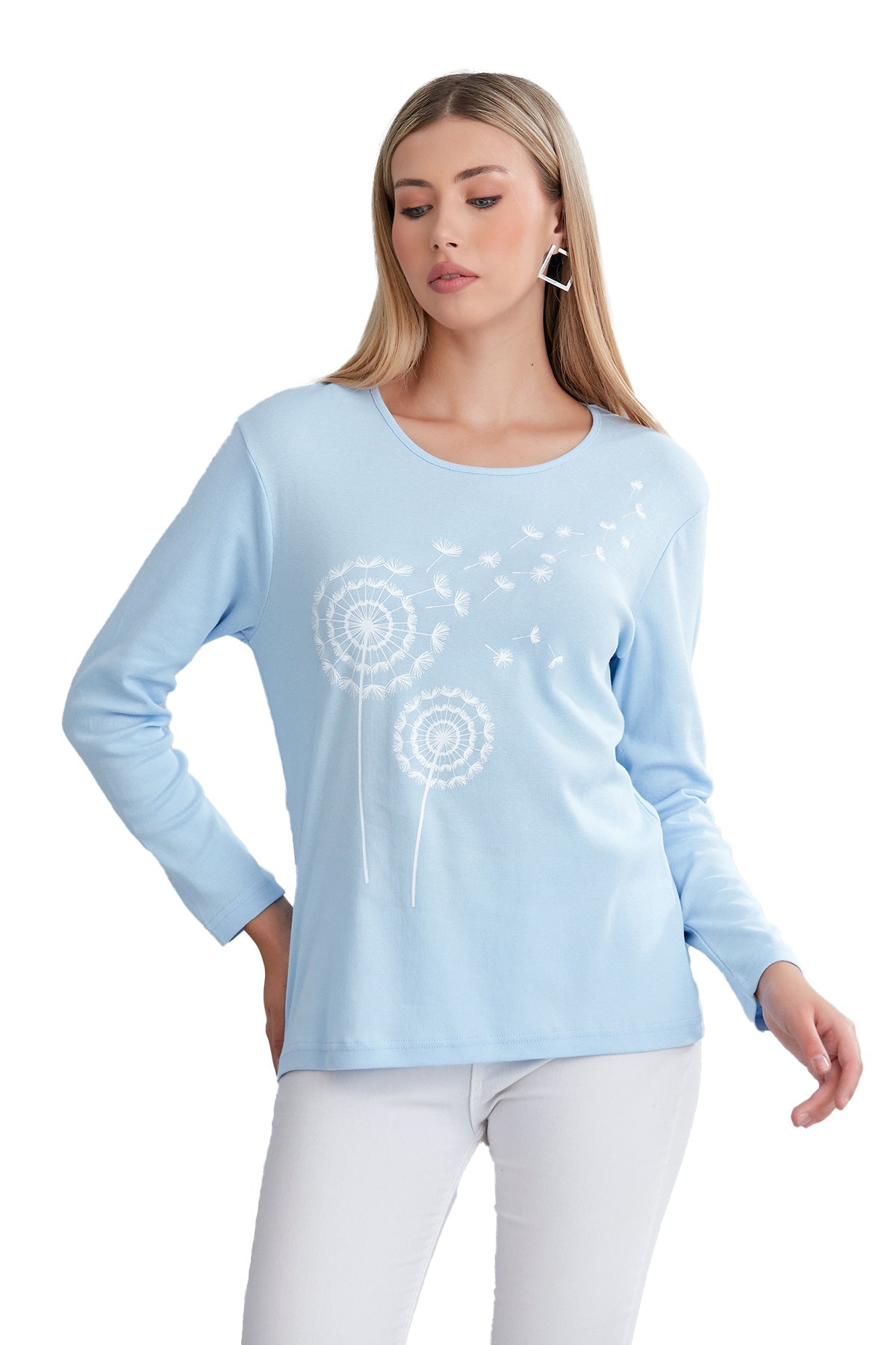 Women's Long Sleeve Scoop Neck Shirt in Dandelion Print, Soft Combed Cotton Comfort - Wear Sierra