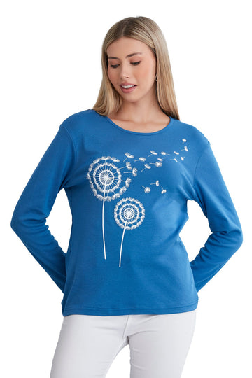Women's Long Sleeve Scoop Neck Shirt in Dandelion Print, Soft Combed Cotton Comfort - Wear Sierra