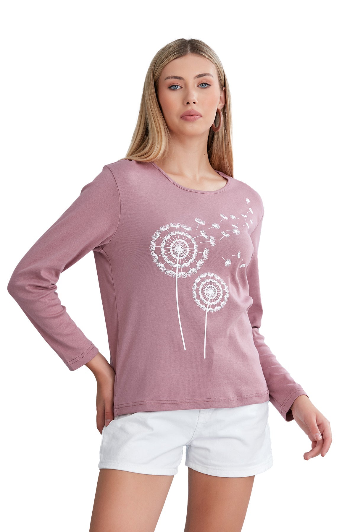 Women's Long Sleeve Scoop Neck Shirt in Dandelion Print, Soft Combed Cotton Comfort - Wear Sierra