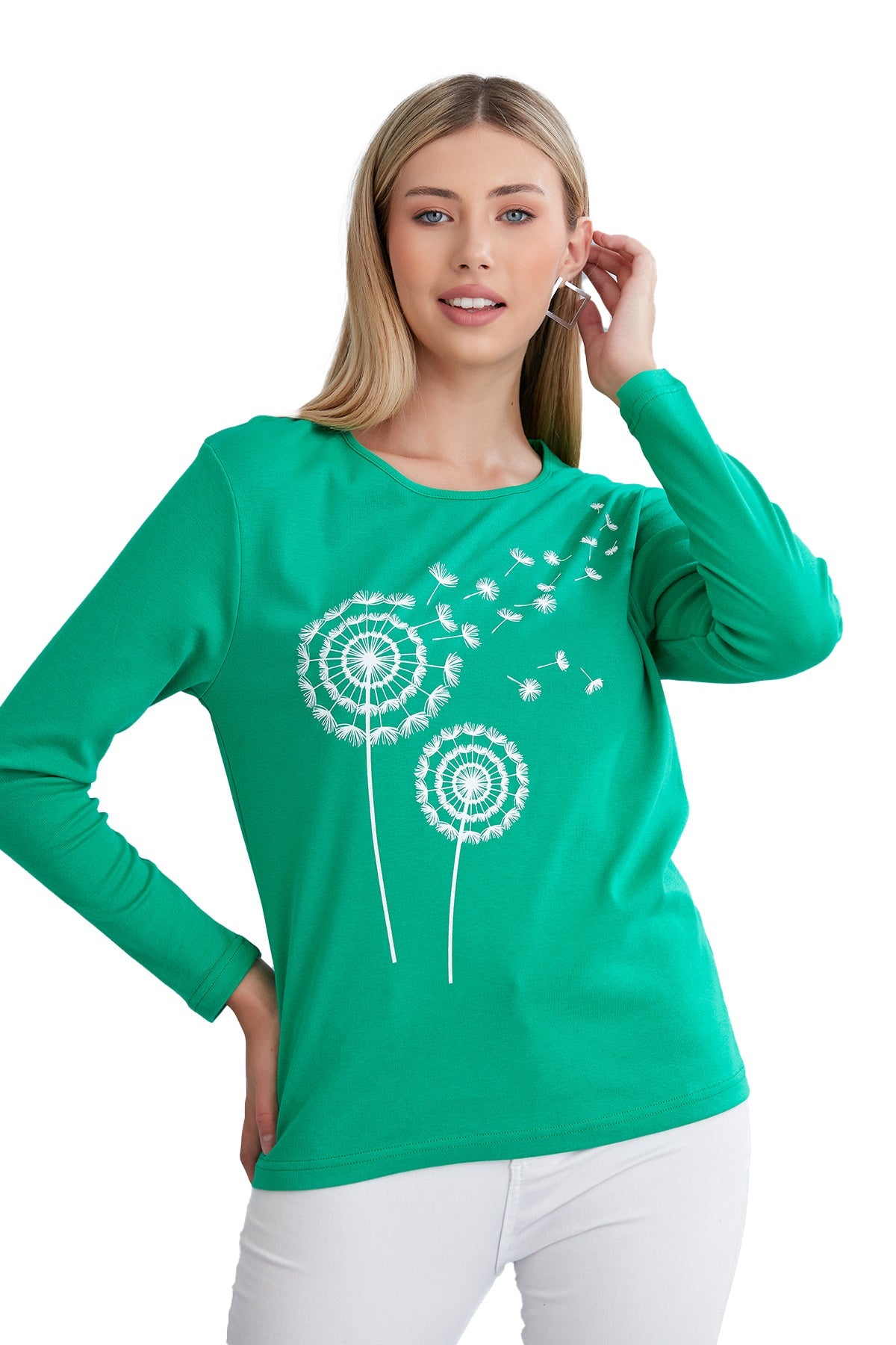 Women's Long Sleeve Scoop Neck Shirt in Dandelion Print, Soft Combed Cotton Comfort - Wear Sierra