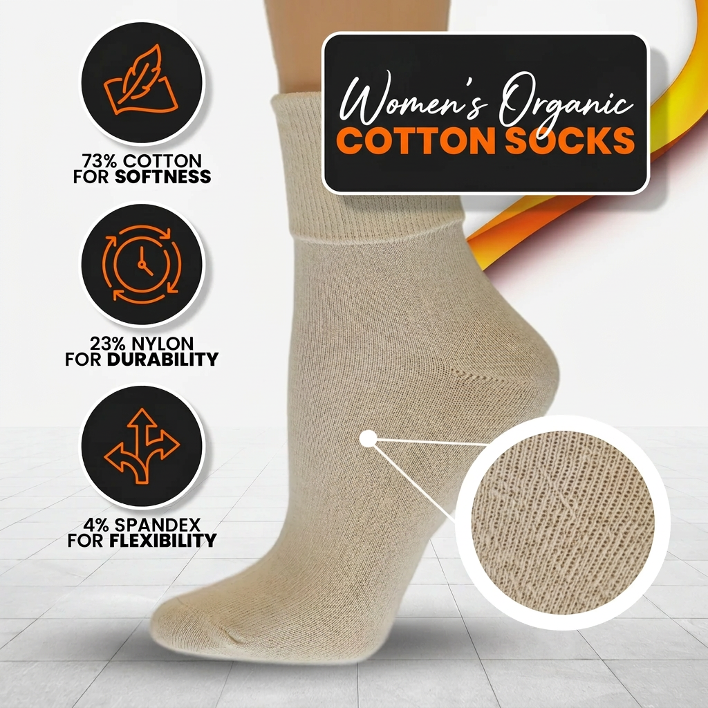Women's Organic Cotton Turn Cuff Seamless Toe Socks - 3 Pair Packs - Wear Sierra
