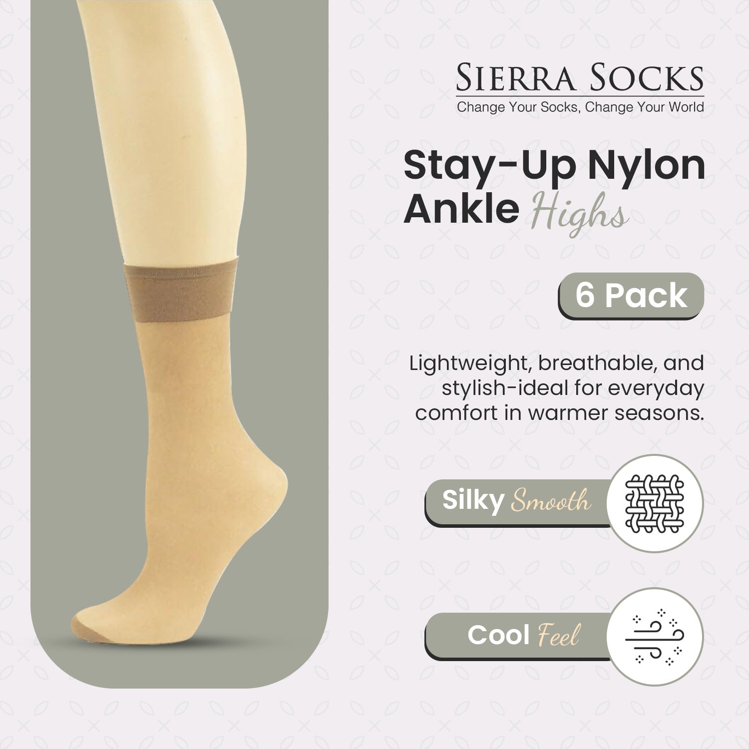 Women's Stay-Up Nylon Ankle Highs Regular and Queen Sizes in 6-Pair Packs - Wear Sierra