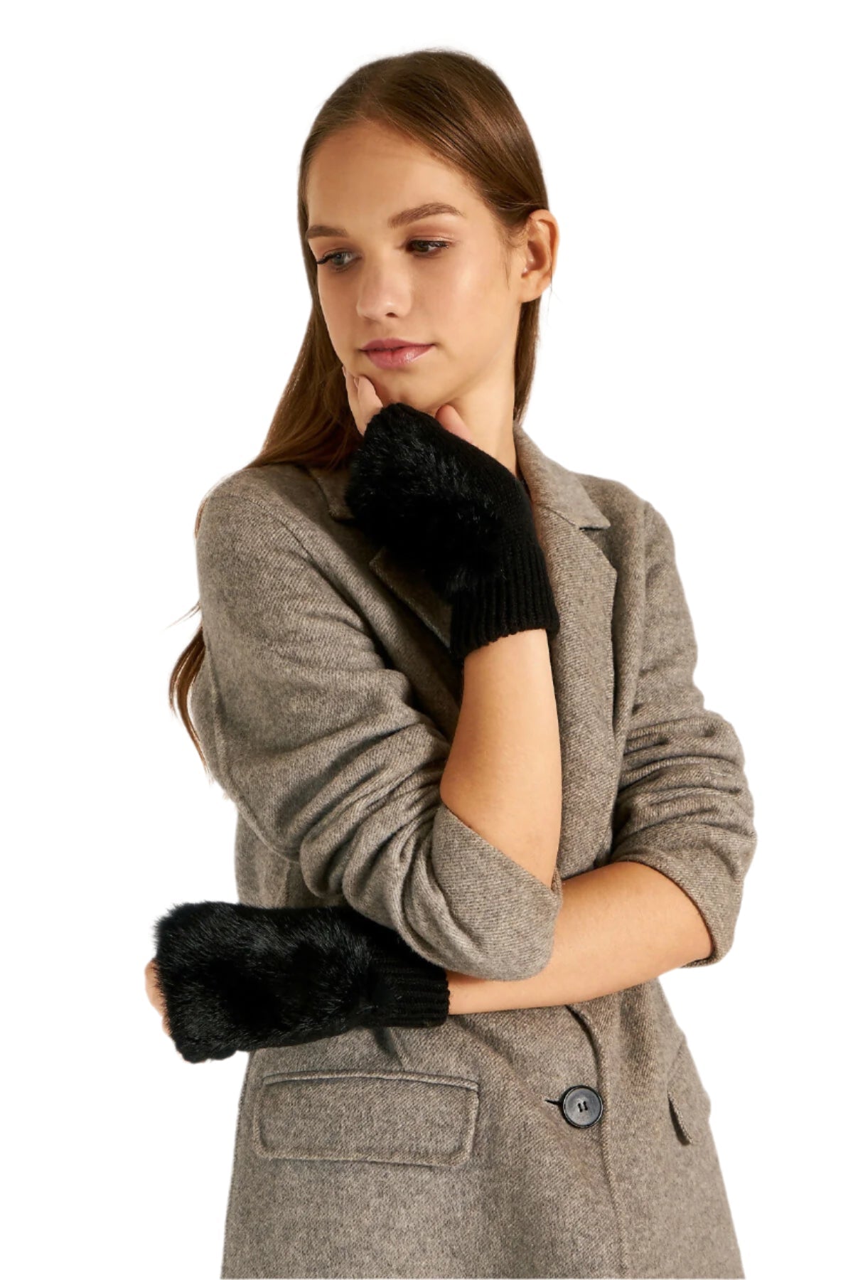 Women's Stylish Furry Fingerless Gloves for Driving, Half Gloves for Office, Computer Work, Gloves for Long Nails - Wear Sierra