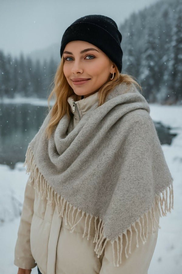 Women's Thick Shoulder Shawl, Soft Textured Scarf with Tassels For Fall & Winter - Wear Sierra
