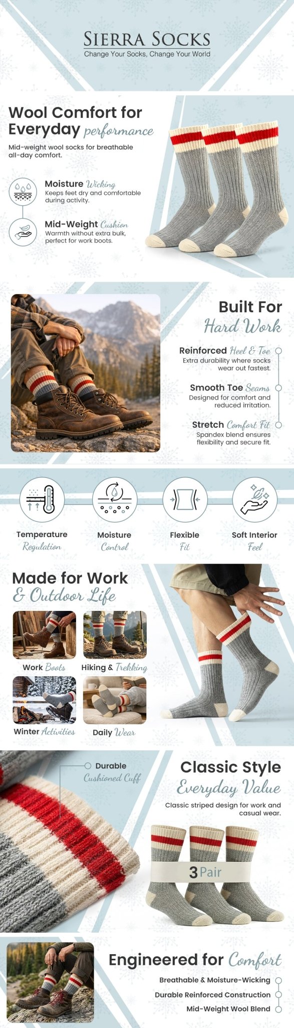 Wool Striped Men's 3 Pair Pack Work and Boot Socks - Wear Sierra