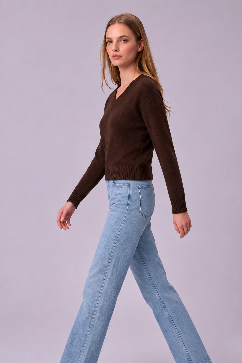 Women's V-Neck Cropped Knit Sweater – Soft Stretch Ribbed Pullover
