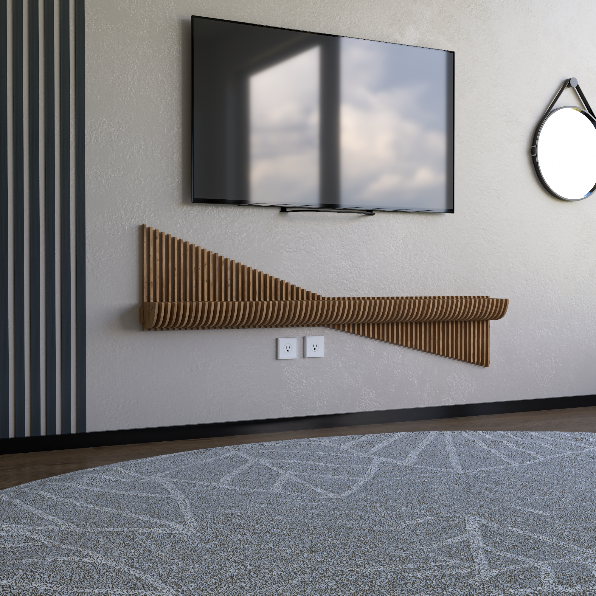 BATAMEX Parametric 60 inch Floating Shelf TV Unit Modern Geometric Wooden Wall Piece Decor Natural Oak Color 3D Wavy Living and Gaming Room Shelf