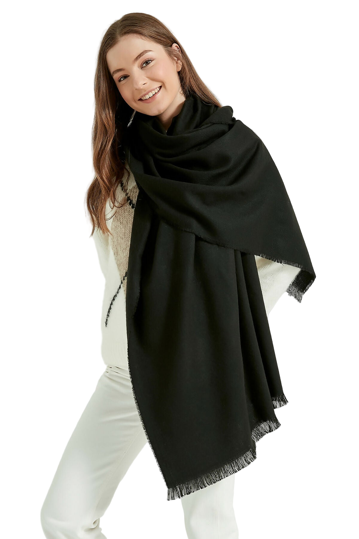 Women's Thick Shoulder Wrap Scarf with Self-Fringe