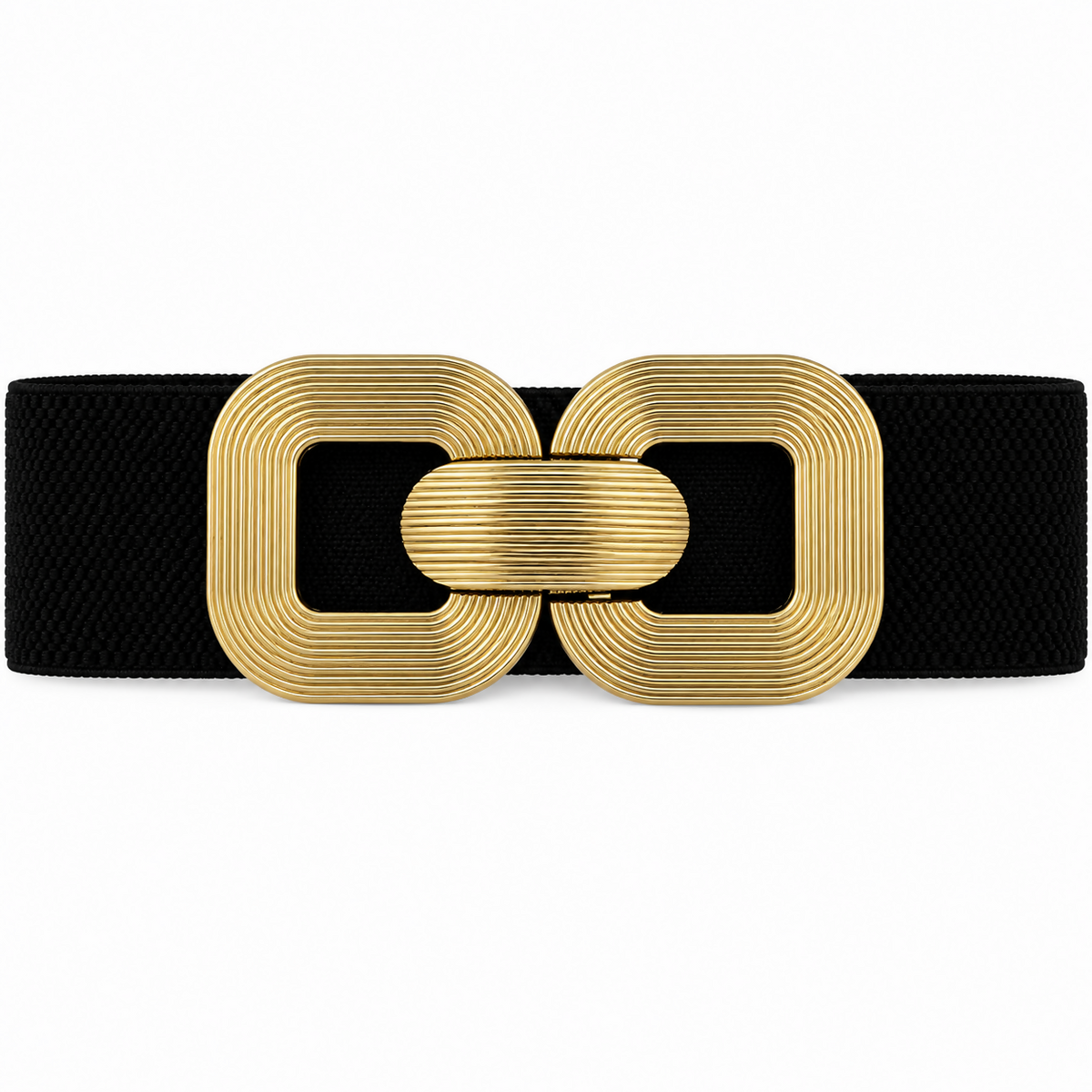 Women’s Wide Elastic Stretch Waist Belt with Textured Gold-Tone Buckle – Black