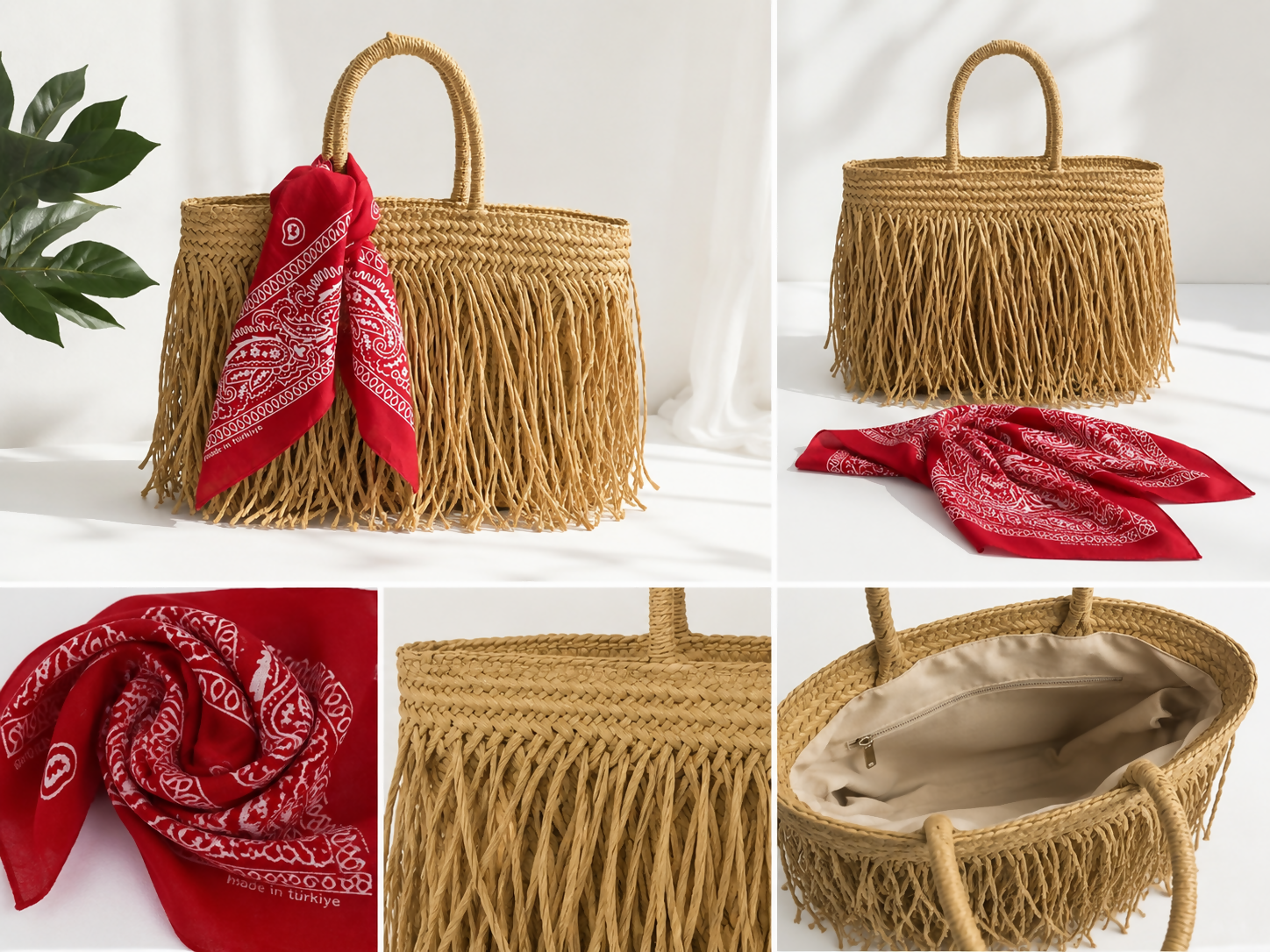 Women's 3-Piece Beach Set – Straw Tote Bag, Sun Visor Hat & Fashion Scarf