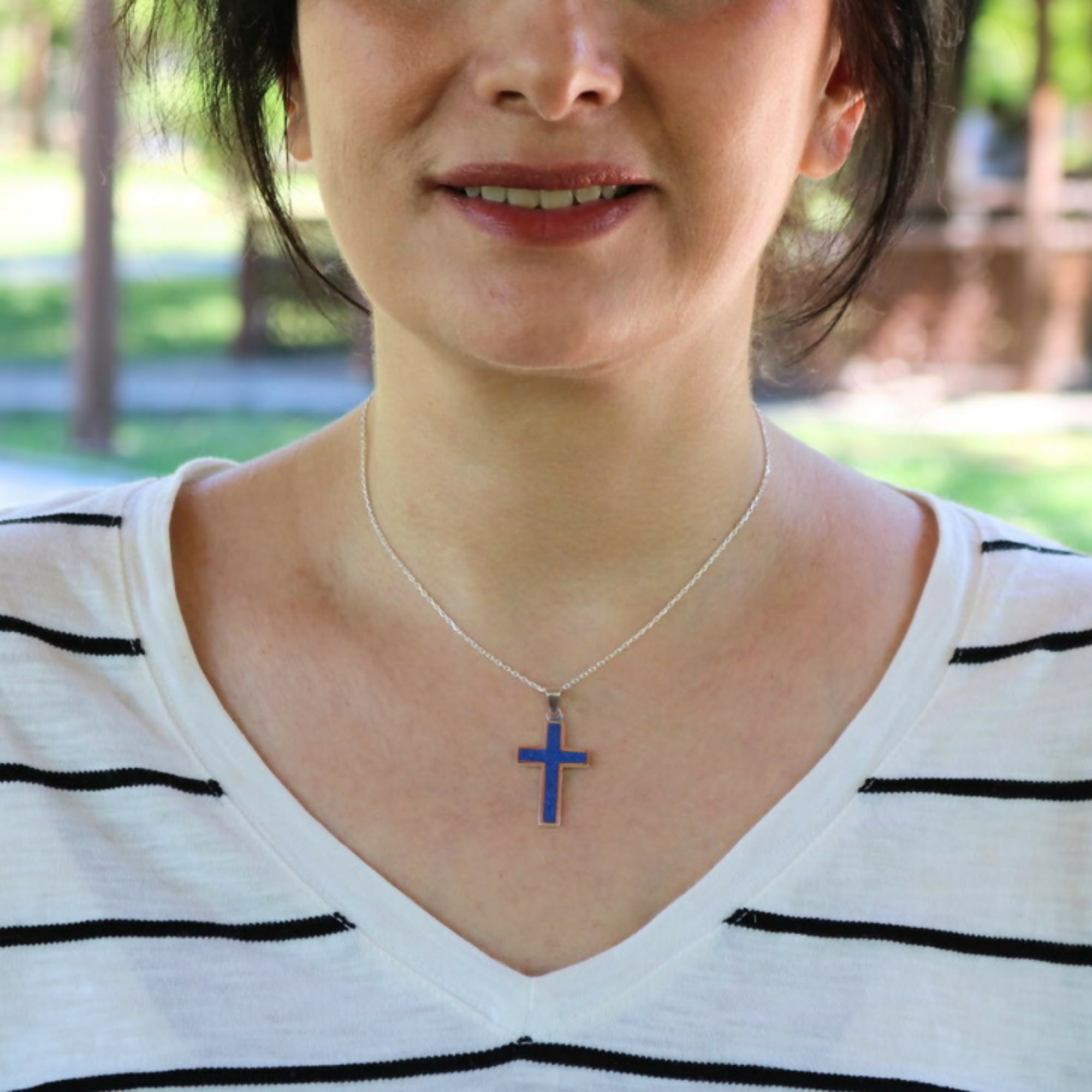 Sterling Silver .925 Navy Blue Lapis Lazuli Cross Small Handmade Pendant Necklace for Women & Men with 18+2'' Extender Chain