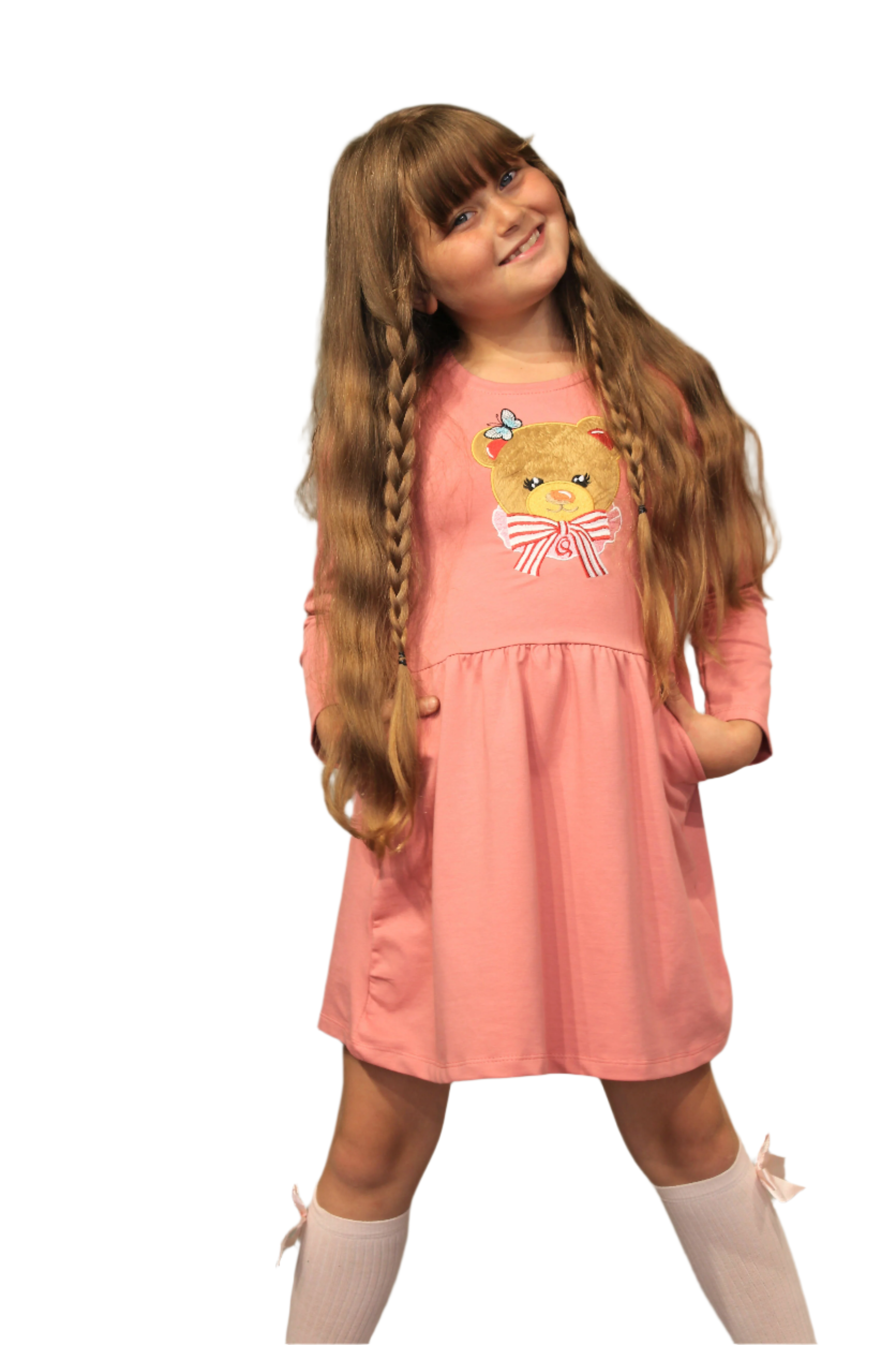 Long Sleeve Girl's Dress with Soft Fur Bear Applique