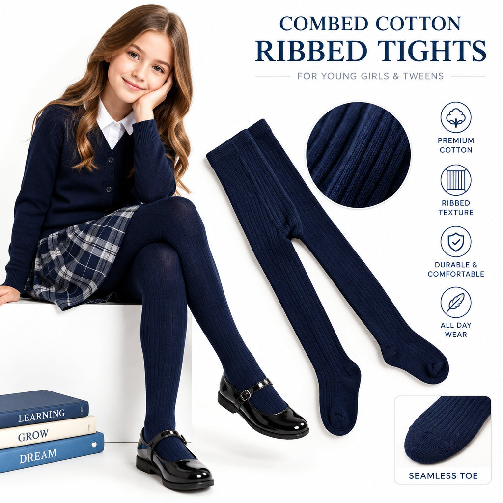 Young Girls and Tweens Combed Cotton Ribbed Tights, School Uniform Seamless Toe Comfortable All-Day Wear - Wear Sierra