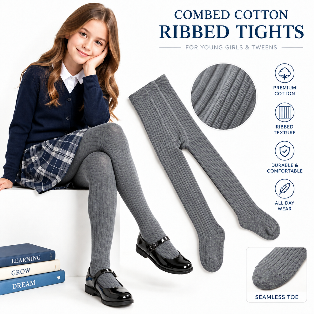 Girls' Seamless Toe Cotton Tights – School Uniform Navy & Gray