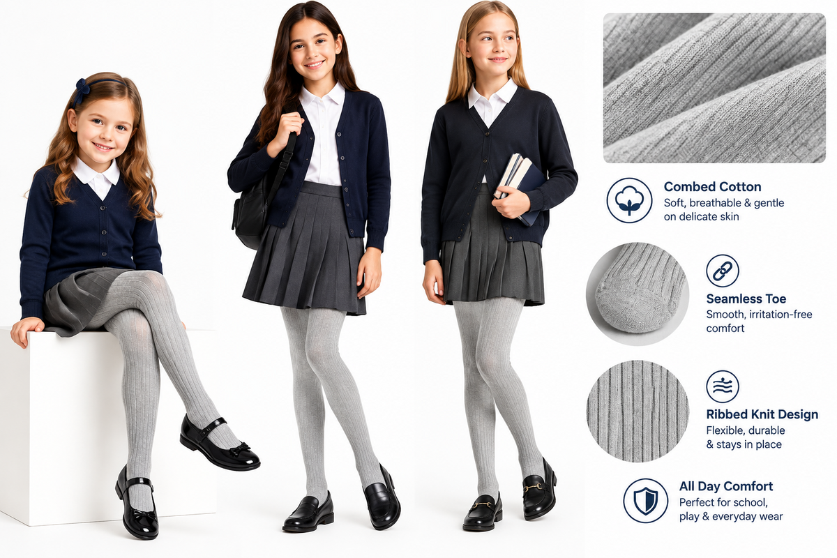Girls' Seamless Toe Cotton Tights – School Uniform Navy & Gray