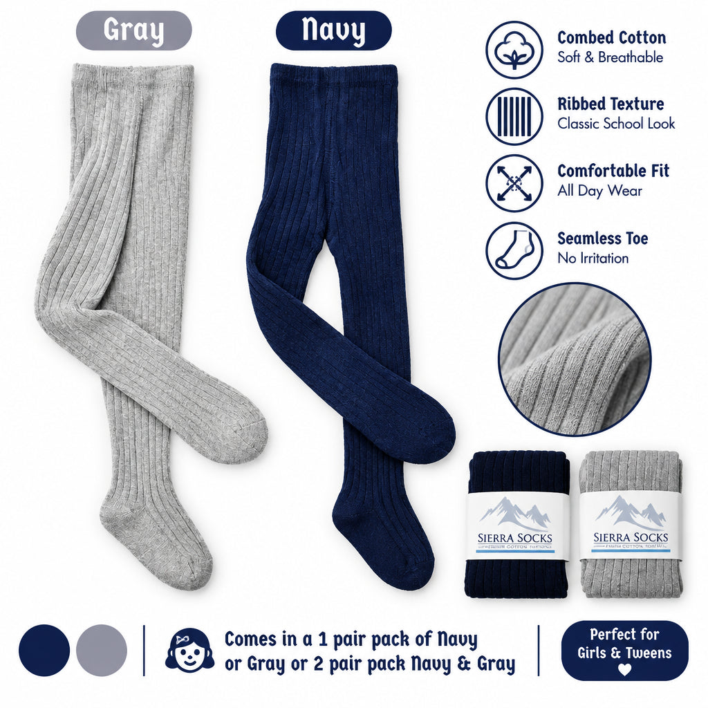Young Girls and Tweens Combed Cotton Ribbed Tights, School Uniform Seamless Toe Comfortable All-Day Wear - Wear Sierra