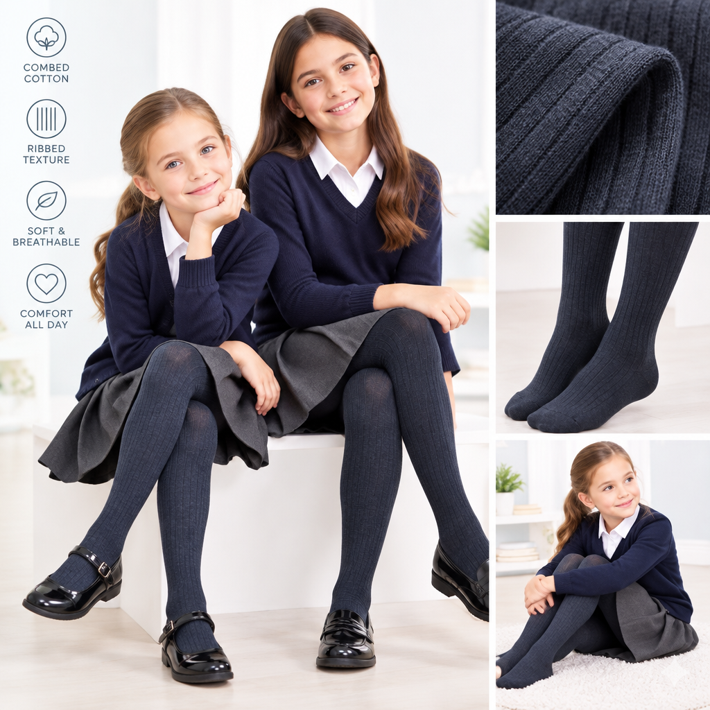 Girls' Seamless Toe Cotton Tights – School Uniform Navy & Gray