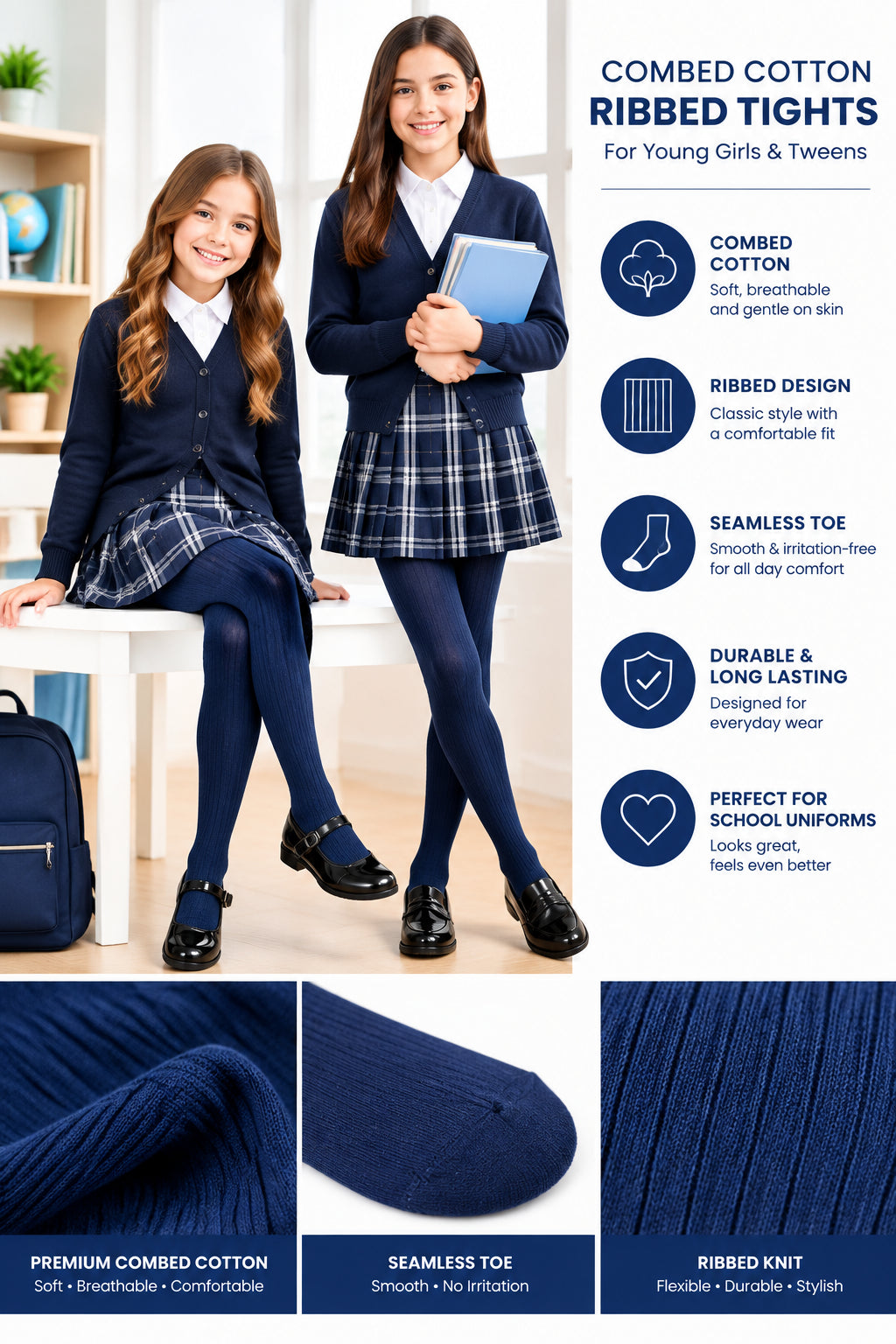 Young Girls and Tweens Combed Cotton Ribbed Tights, School Uniform Seamless Toe Comfortable All-Day Wear - Wear Sierra