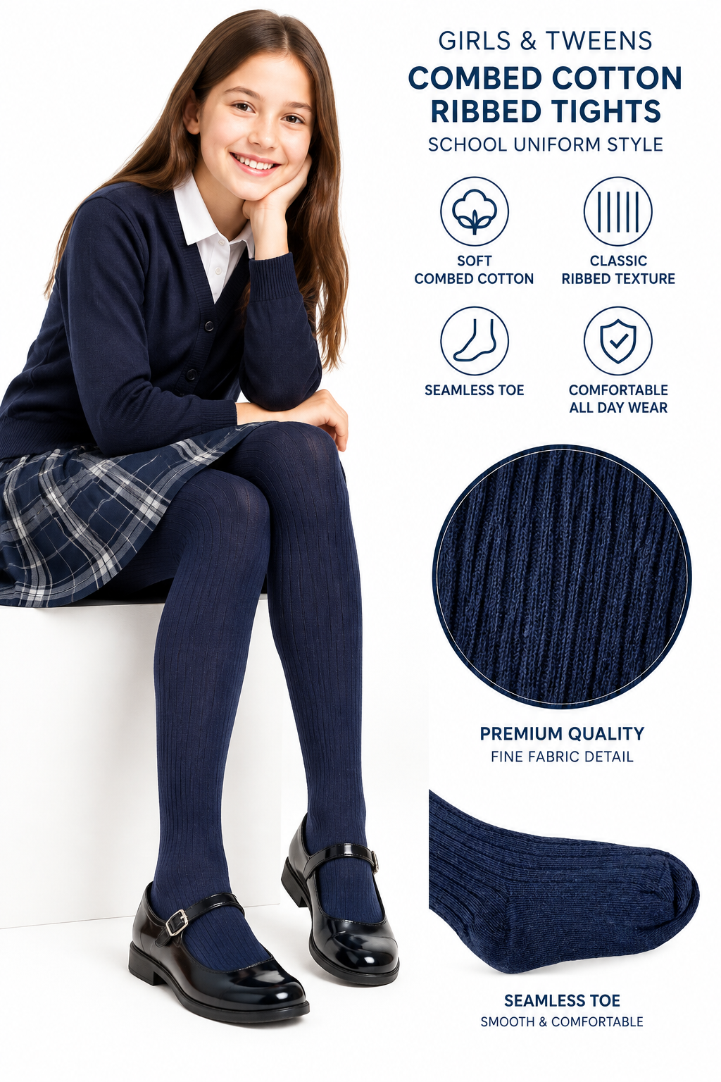 Girls' Seamless Toe Cotton Tights – School Uniform Navy & Gray