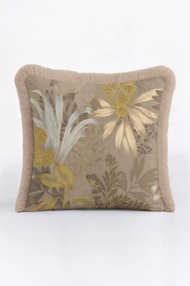 Leaf Patterned Fringed Pillow Case Set of 2 - Vintage Natural Inspired Country Beige Tasseled Throw Cushion Cover