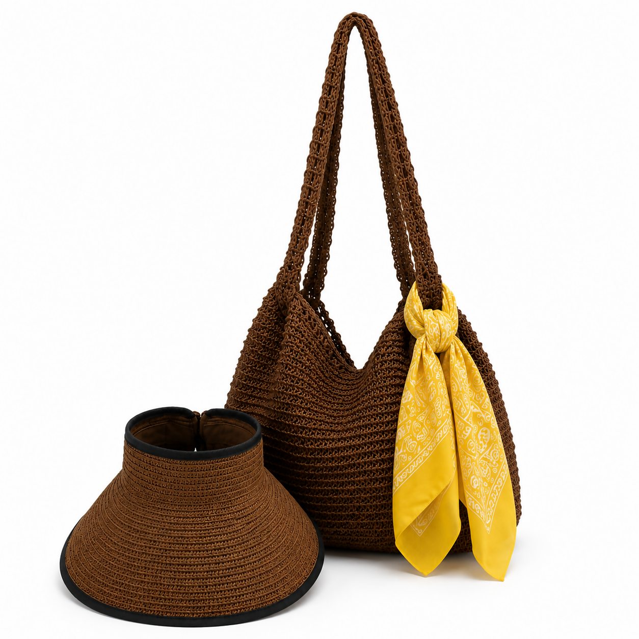 Women's 3-Piece Beach Set – Straw Tote Bag, Sun Visor Hat & Fashion Scarf