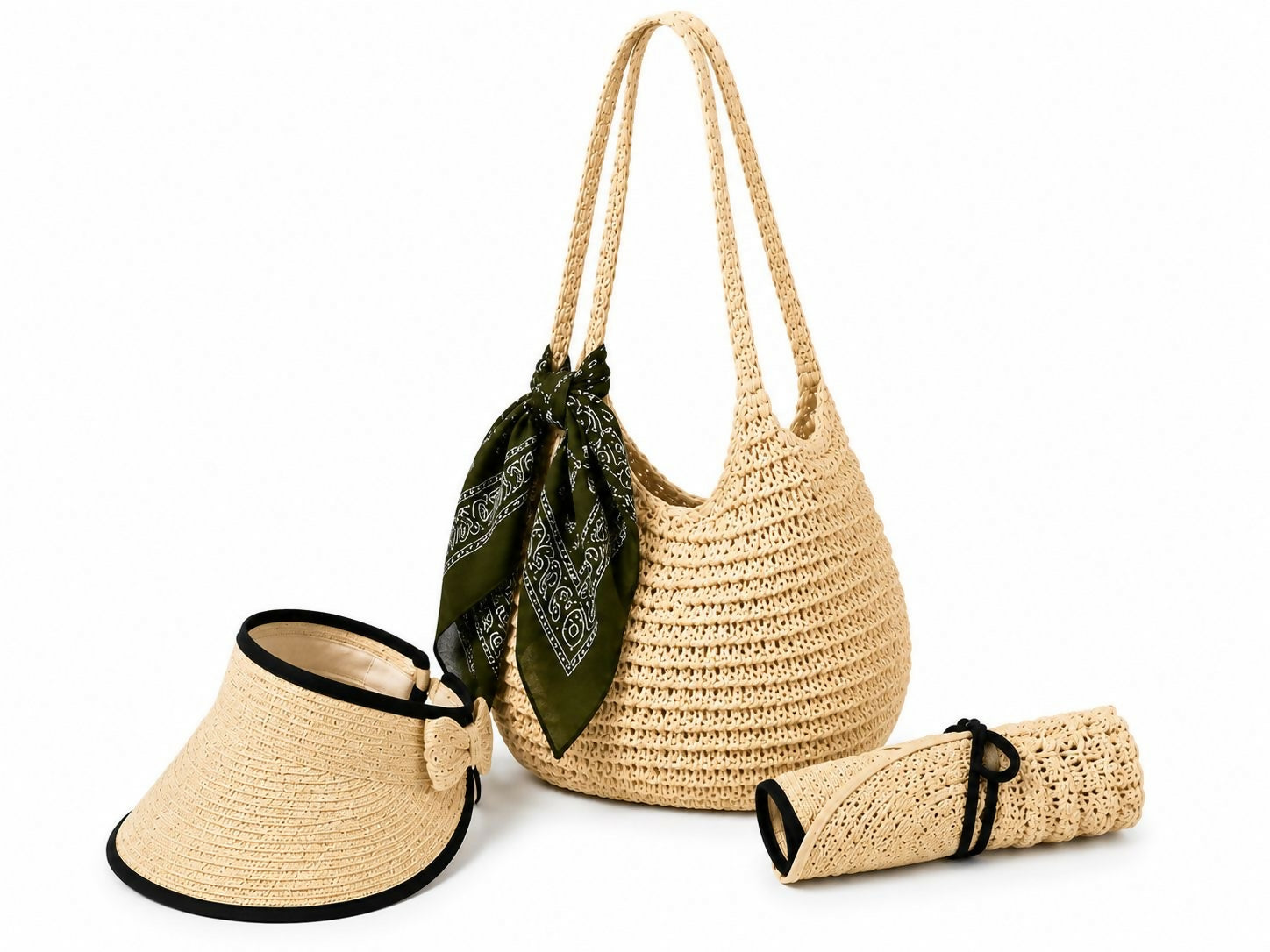 Women's 3-Piece Beach Set – Straw Tote Bag, Sun Visor Hat & Fashion Scarf