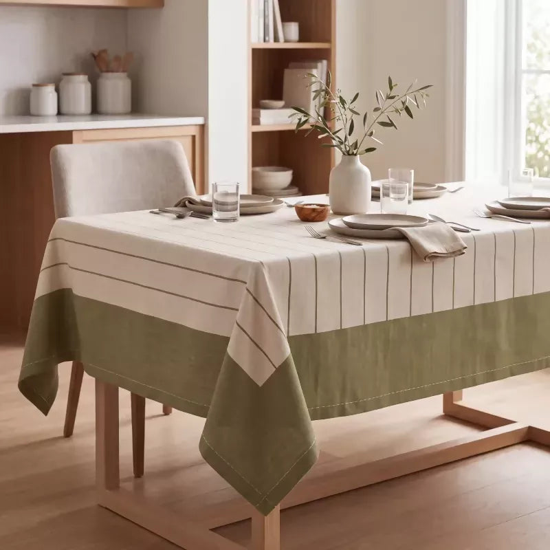 Green & Ivory Striped Water-Repellent Turkish Cotton Tablecloth – Coastal & Timeless Style
