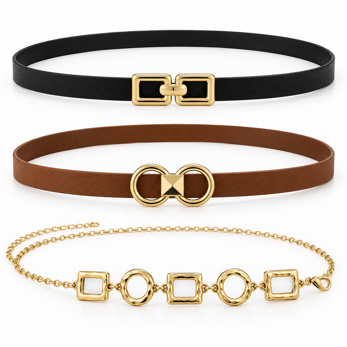 Women’s 3-Piece Belt Set – Black & Brown Skinny Belts with Gold-Tone Buckles and Geometric Gold-Tone Chain Belt