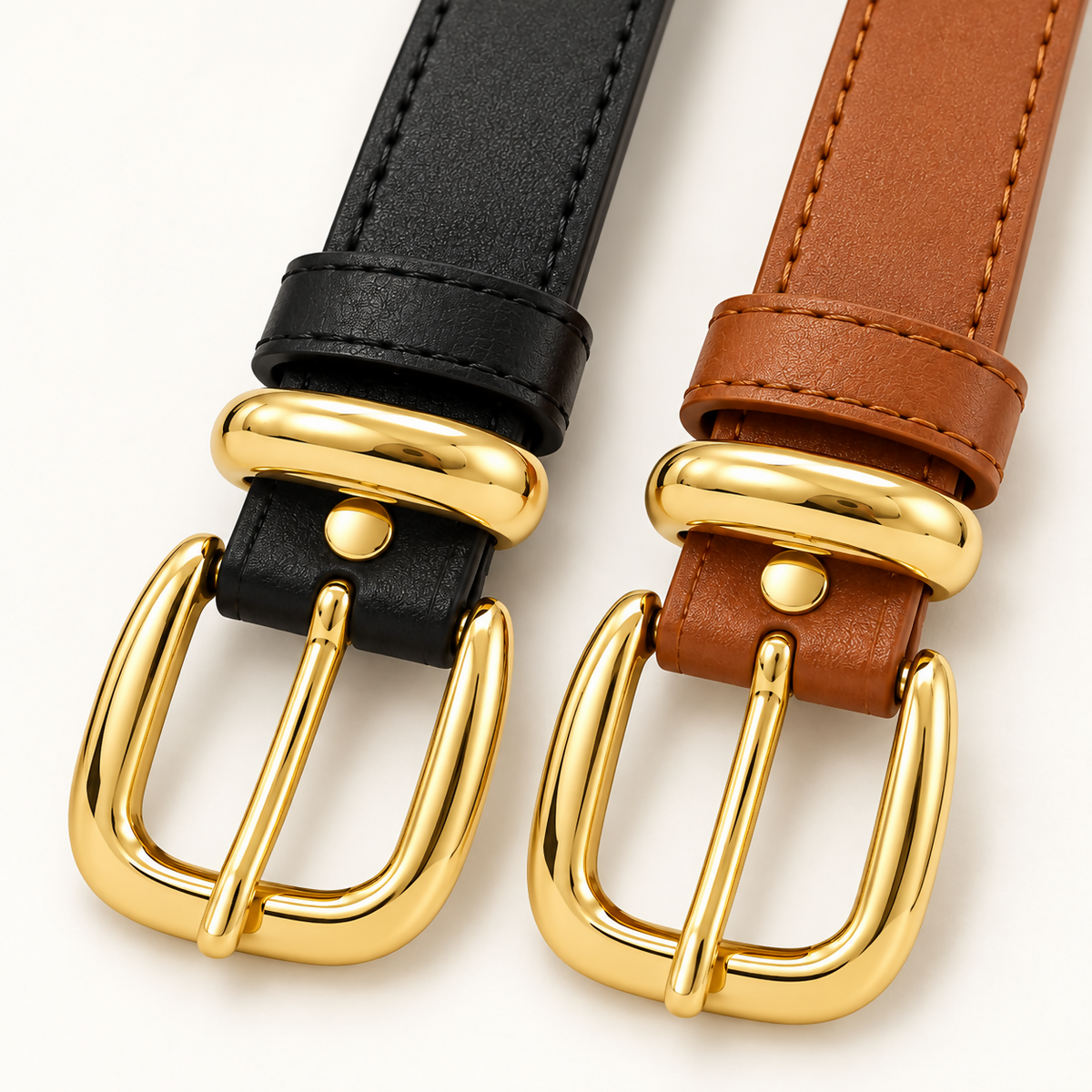 Women’s Skinny Belt Set of 2, Black & Tan, Gold-Tone Buckles
