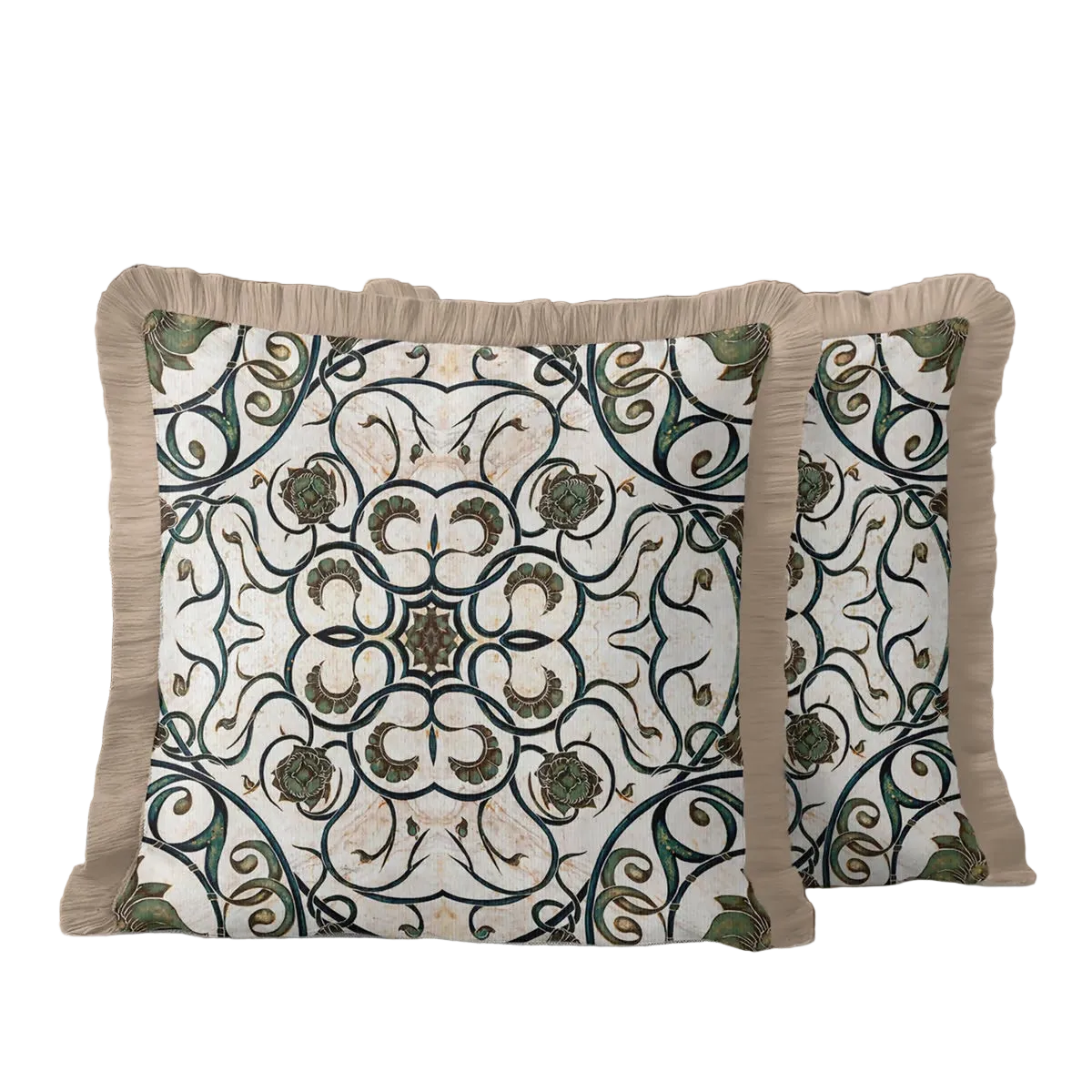 Antique Floral Detailed Green Cream Tasselled Cushion Cover,Set of 2