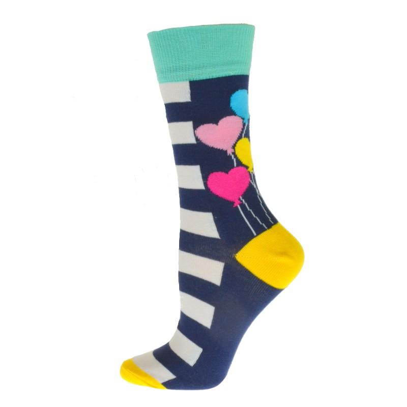 Heart Balloons and Stripes Pattern Cotton Crew Socks W3507