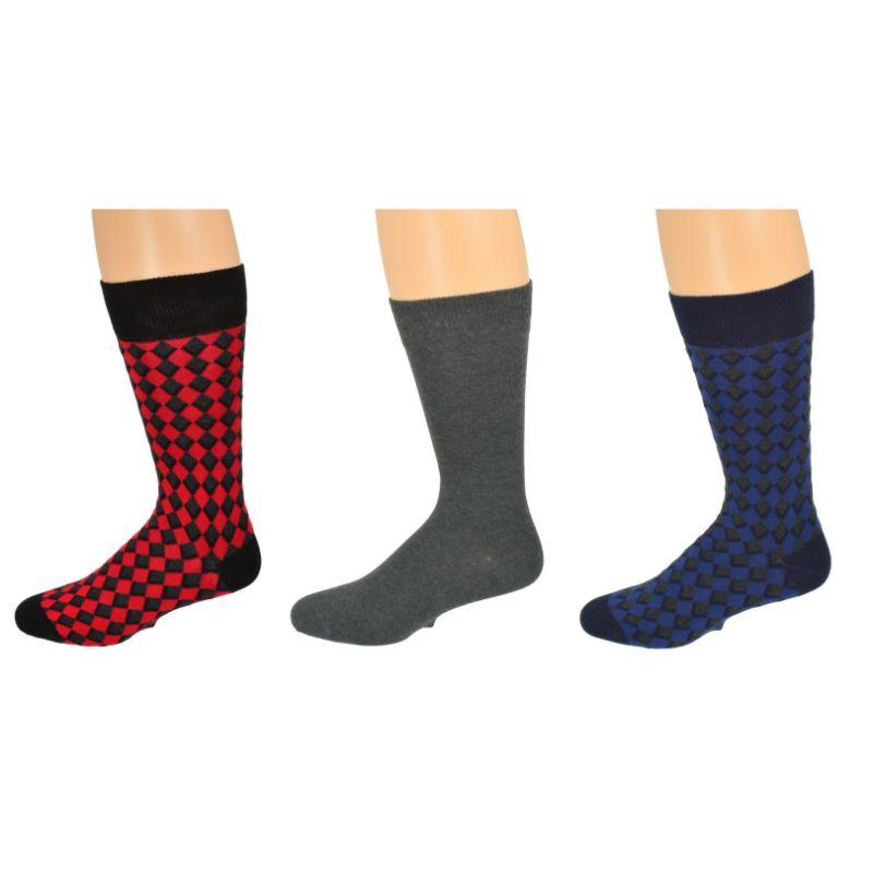 Dress Casual Combed Cotton Crew Diamond Pattern 3 Pair Pack Socks M6800
