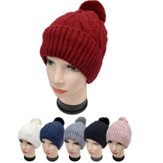 Fur Lining Hats With Pom Pom Beanie Women's Big Girls Cable Design Hats